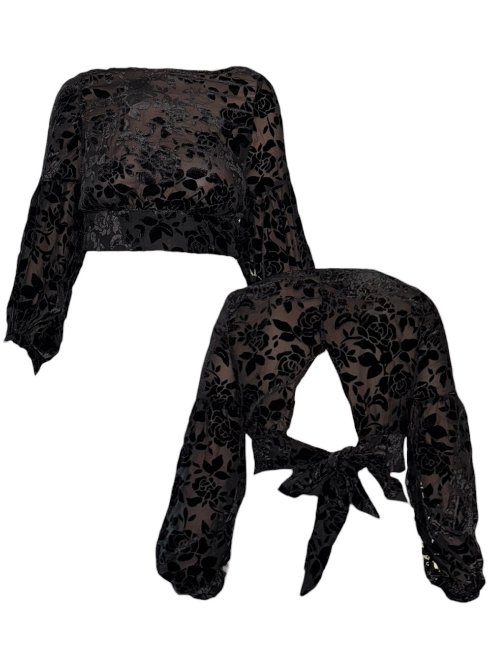 Lioness Black Floral Burnout Cropped Blouse